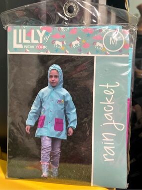 Milly of New York Light Blue Kids Hooded Rain Jacket w Pink Pockets, Unicorns, M